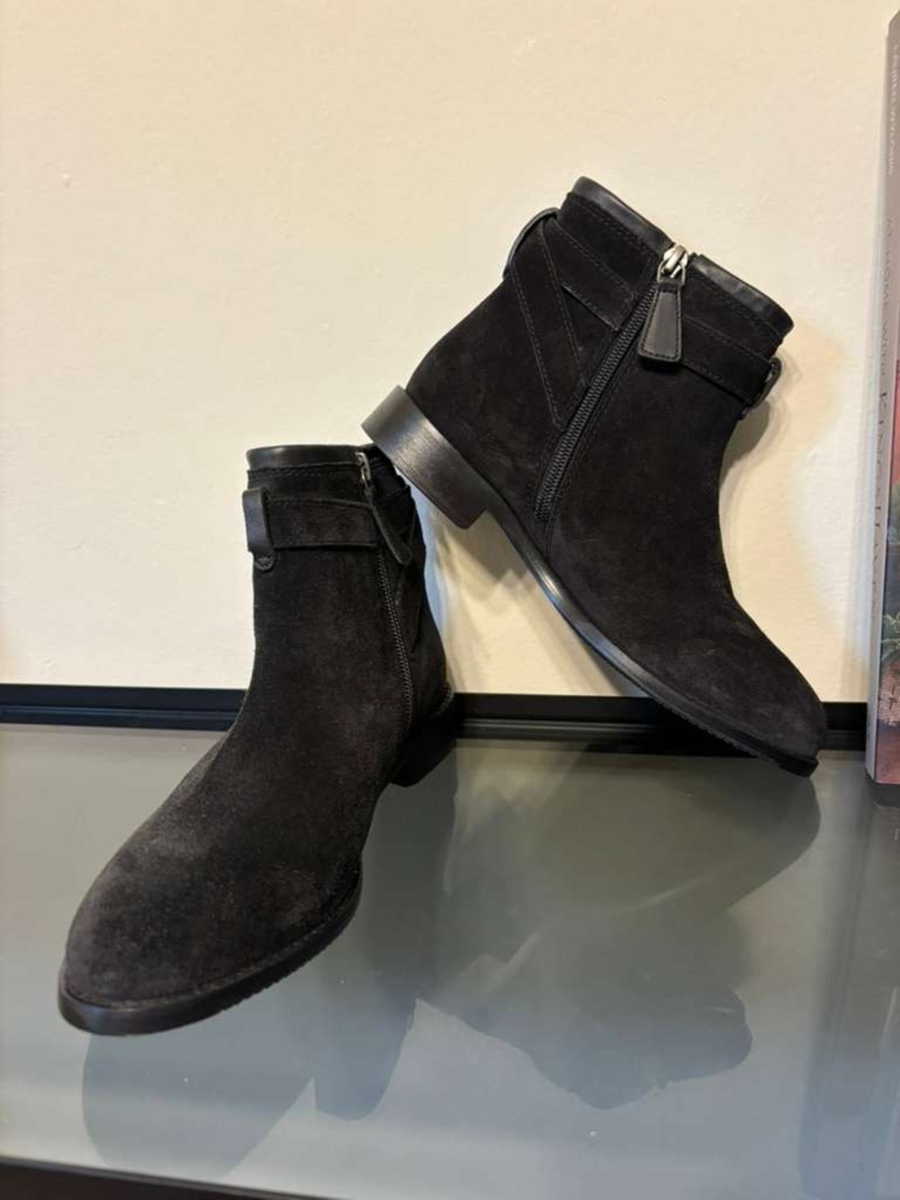Johnston & Murphy Black Suede Ankle Booties with Buckle Detail